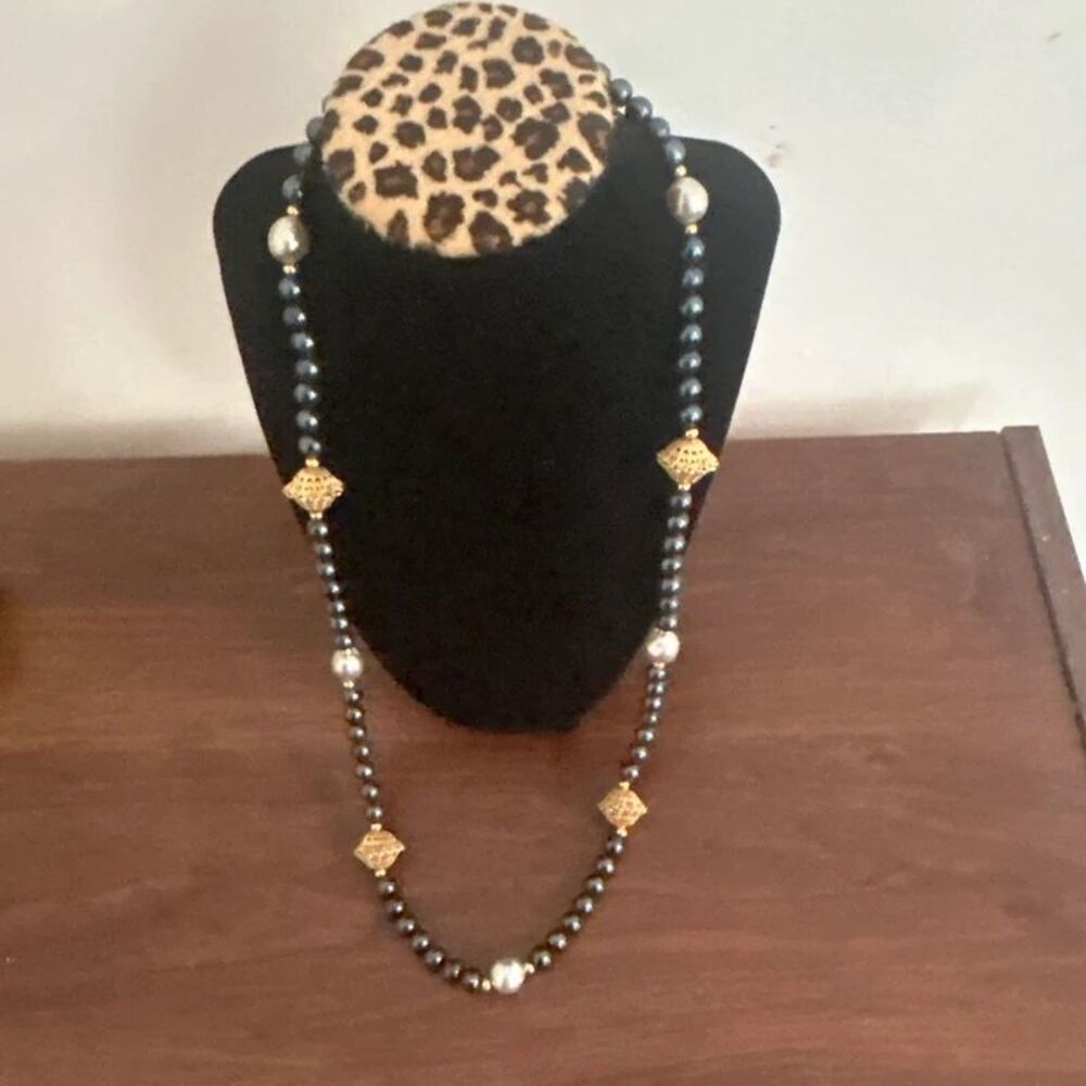 Vintage Napier Black Beaded Necklace with Gold Tone Accents